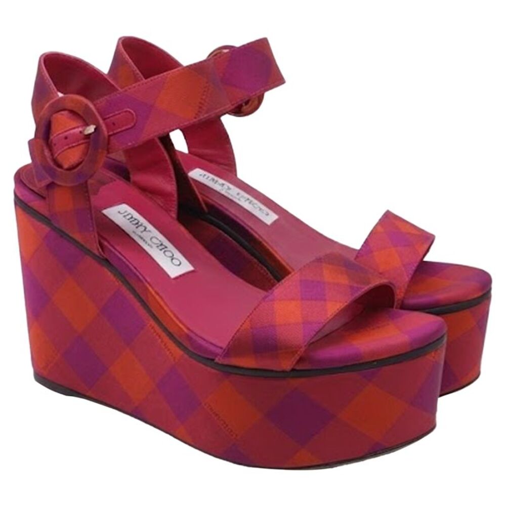 Jimmy Choo Check Wedge Sandals in Pink Cotton - Picture 3 of 9